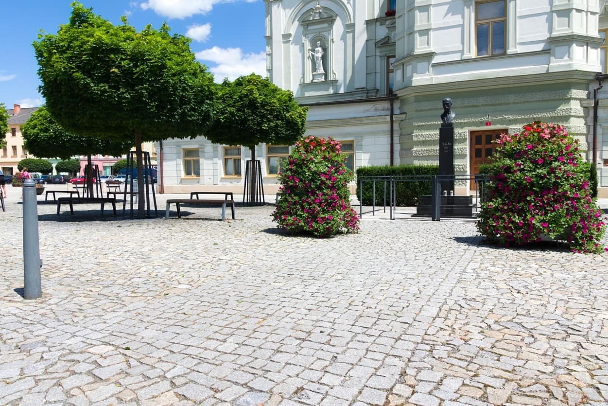 Žulová dlažba v historickém centru, se stromy střiženými do tvaru kostek, lavicemi a bustou na černém podstavci před budovou.